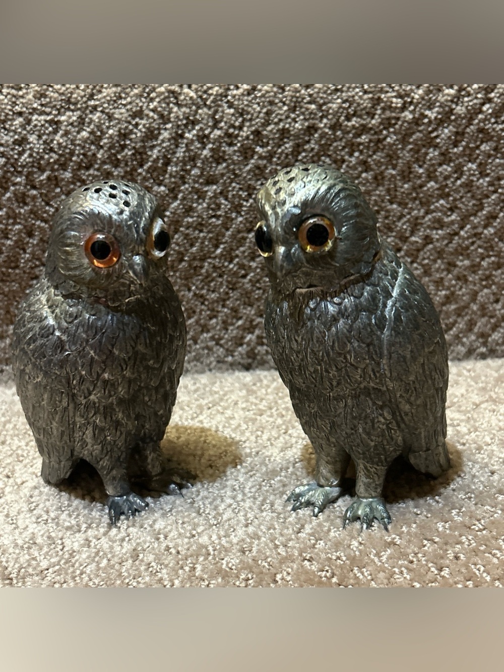 Vintage Pair  Corbell & Co Silver Plated Owl Muffineer Sugar Shaker  Rare 1950s